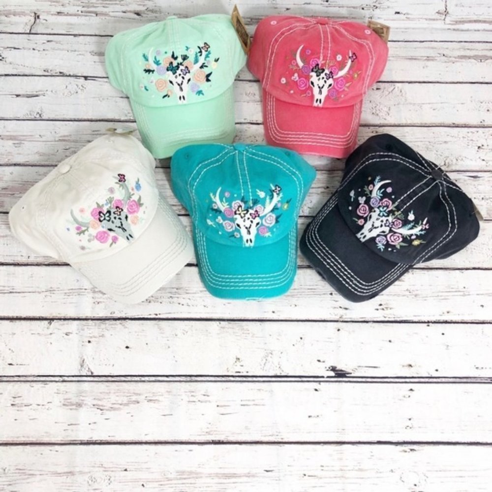 FLORAL STEER SKULL Embroidered, Vintage‎ Style Cap